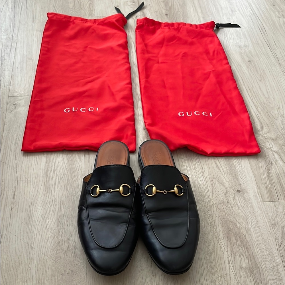 Gucci Princetown Black Leather Loafers with Gold Horsebit EU 40.5